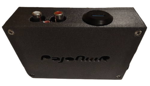 Top panel of the BL-A1800 enclosure with white and red RCA MAIN outputs, a USB media port and the embossed PajoNiiiR wordmark.